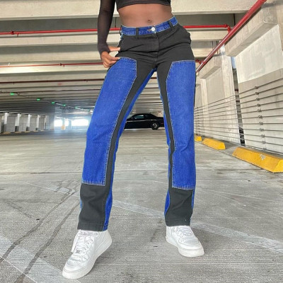 Women's personalized trend color contrast wash straight jeans