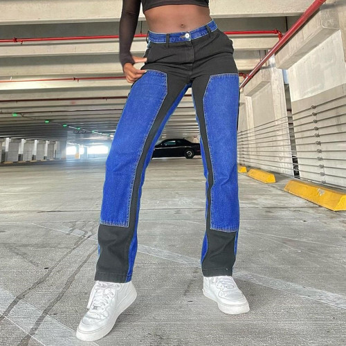 Women's personalized trend color contrast wash straight jeans