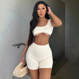 Solid color square-neck sleeveless ultra-short navel vest+high-waist tight-fitting three-piece pants exercise yoga two-piece set