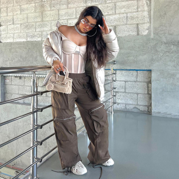 Solid color loose straight tube high waist panel multi-pocket zipper heavy street woven work pants