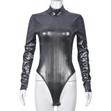 Sexy slim high-necked bright silk bodysuit