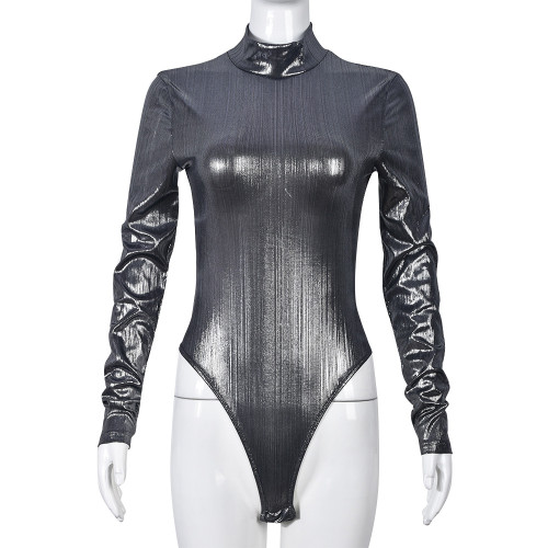 Sexy slim high-necked bright silk bodysuit