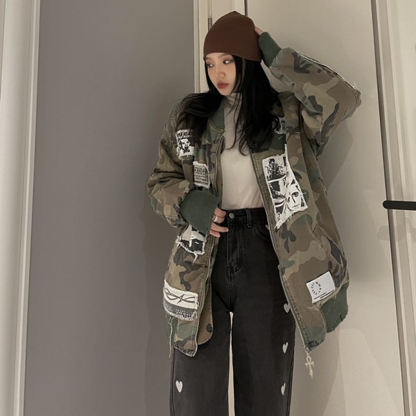 Casual loose versatile denim camouflage pocket thickened warm cotton jacket
