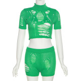 Solid color knitted sexy hollow hole perspective high-waisted buttocks shorts suit