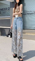 Versatile hollowed-out lace stitching denim drape pants women's loose straight pants Versatile hollowed-out lace stitching denim drape pants women's loose straight pants