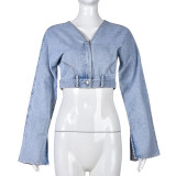 Women's fashion trend hole washing denim top