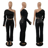 Street fashion motorcycle style shirt leather panel diagonal collar slimming long sleeve sleeve