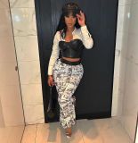 Women's abstract human facial features print niche trend high waist split slim skirt long skirt
