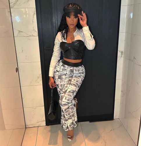 Women's abstract human facial features print niche trend high waist split slim skirt long skirt