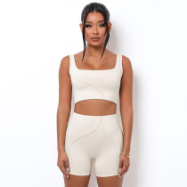Solid color square-neck sleeveless ultra-short navel vest+high-waist tight-fitting three-piece pants exercise yoga two-piece set