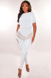 Women's fashion sexy perspective mesh pants solid color T-shirt two-piece suit