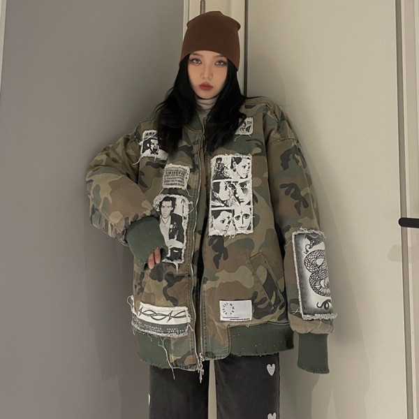 Casual loose versatile denim camouflage pocket thickened warm cotton jacket
