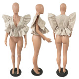 Fashion bubble sleeve V-neck shows thin solid irregular top with oversized double-layer hem