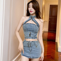Hanging neck sling small vest zipper wearing short skirt two-piece set