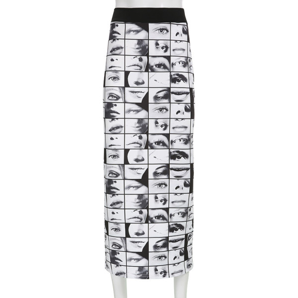 Women's abstract human facial features print niche trend high waist split slim skirt long skirt