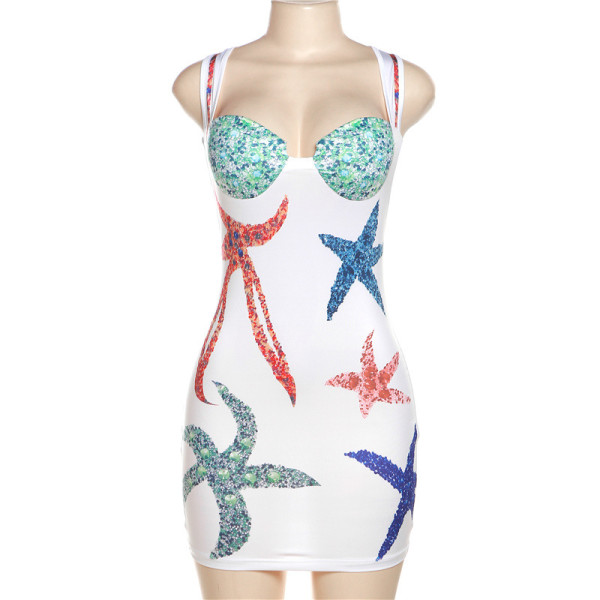 Women's fashion temperament print sexy low-cut sleeveless backless slim dress