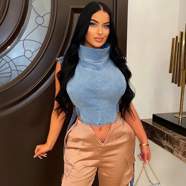Individualized trend lace up high collar wash denim vest