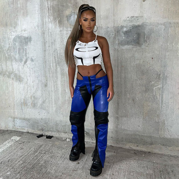 Fashion women's PU panel contrast low-waist zipper straight split pants