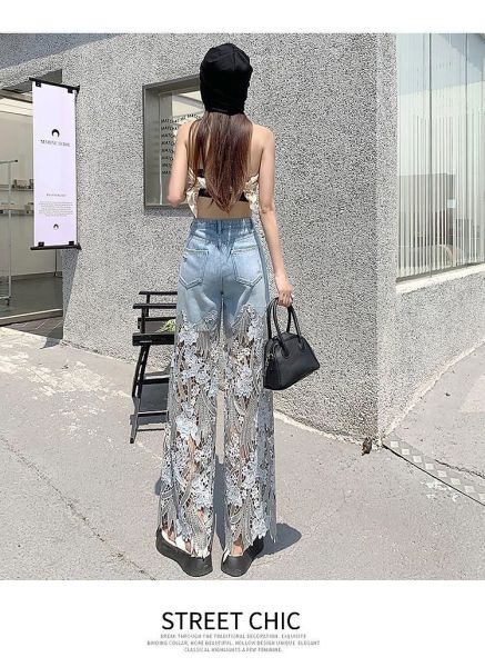 Versatile hollowed-out lace stitching denim drape pants women's loose straight pants