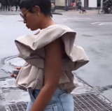 Fashion bubble sleeve V-neck shows thin solid irregular top with oversized double-layer hem