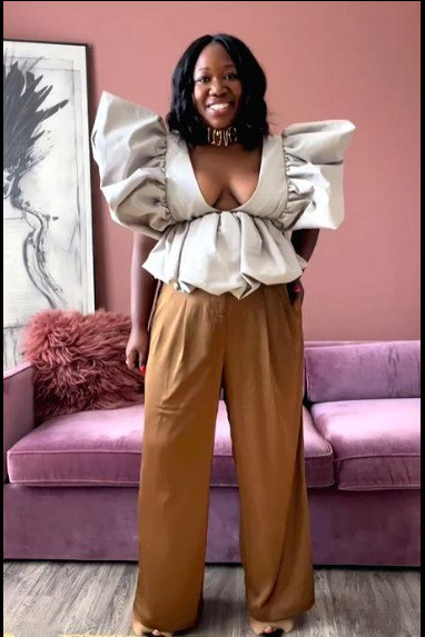 Fashion bubble sleeve V-neck shows thin solid irregular top with oversized double-layer hem