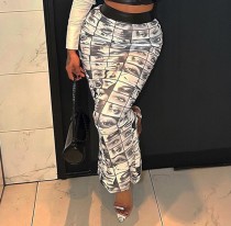 Women's abstract human facial features print niche trend high waist split slim skirt long skirt