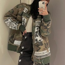 Casual loose versatile denim camouflage pocket thickened warm cotton jacket