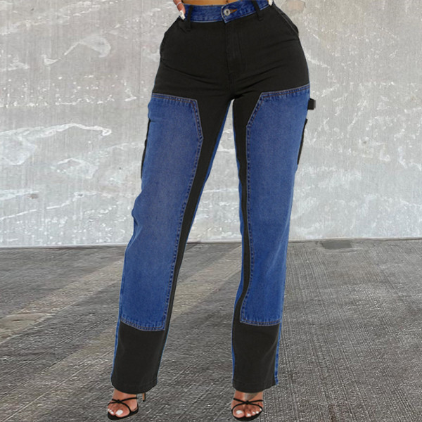 Women's personalized trend color contrast wash straight jeans
