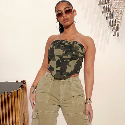 Individualized trend backless irregular camouflage chest wrap