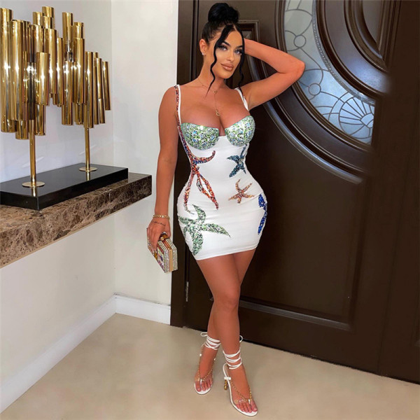 Women's fashion temperament print sexy low-cut sleeveless backless slim dress