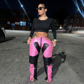 Fashion women's PU panel contrast low-waist zipper straight split pants