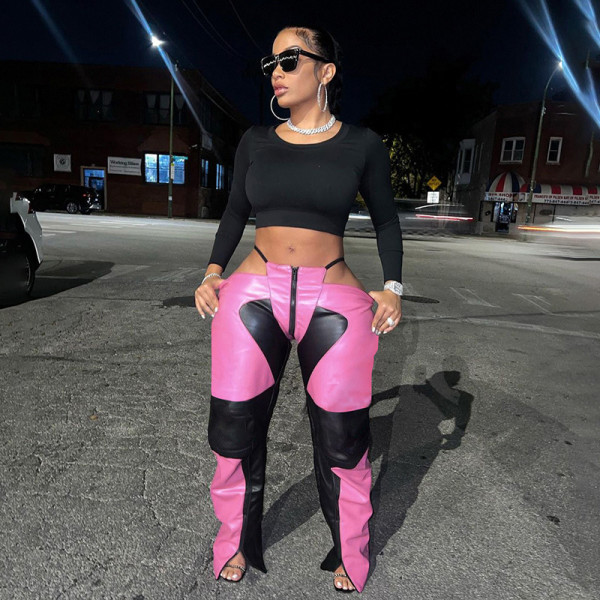 Fashion women's PU panel contrast low-waist zipper straight split pants
