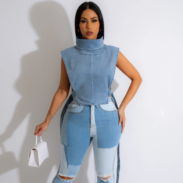 Individualized trend lace up high collar wash denim vest