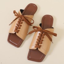 Large women's shoes, solid color lace up, flat bottom, low heel, square toe, sandals