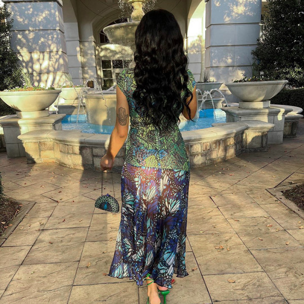 Colorful butterfly print sexy navel exposed short sleeve medium length dress