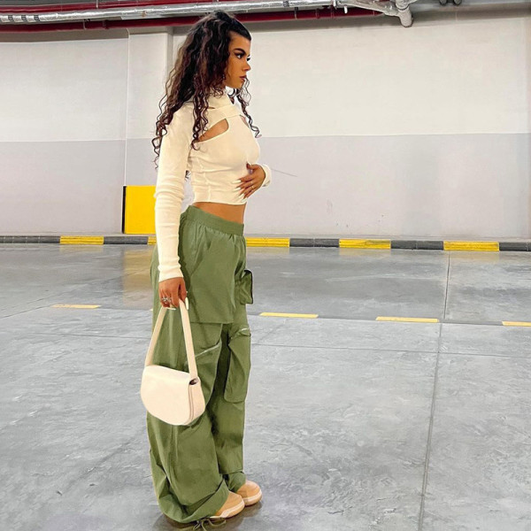 Solid color loose straight tube high waist panel multi-pocket zipper heavy street woven work pants