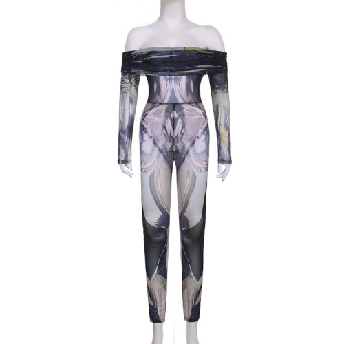 Women's gauze perspective printing one-shoulder long-sleeved tight-fitting fashionable small-foot jumpsuit
