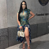 Colorful butterfly print sexy navel exposed short sleeve medium length dress