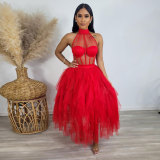 Sexy gauze neck hanging perspective dress