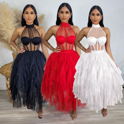 Sexy gauze neck hanging perspective dress