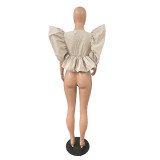 Fashion bubble sleeve V-neck shows thin solid irregular top with oversized double-layer hem