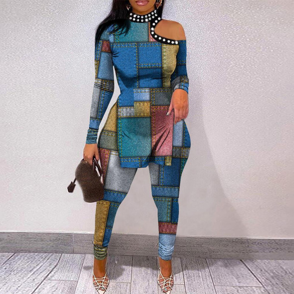 Sexy slim print off-shoulder diamond two-piece nightclub suit