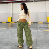 Solid color loose straight tube high waist panel multi-pocket zipper heavy street woven work pants