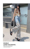 Versatile hollowed-out lace stitching denim drape pants women's loose straight pants