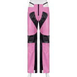 Fashion women's PU panel contrast low-waist zipper straight split pants