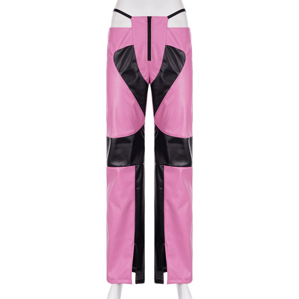 Fashion women's PU panel contrast low-waist zipper straight split pants
