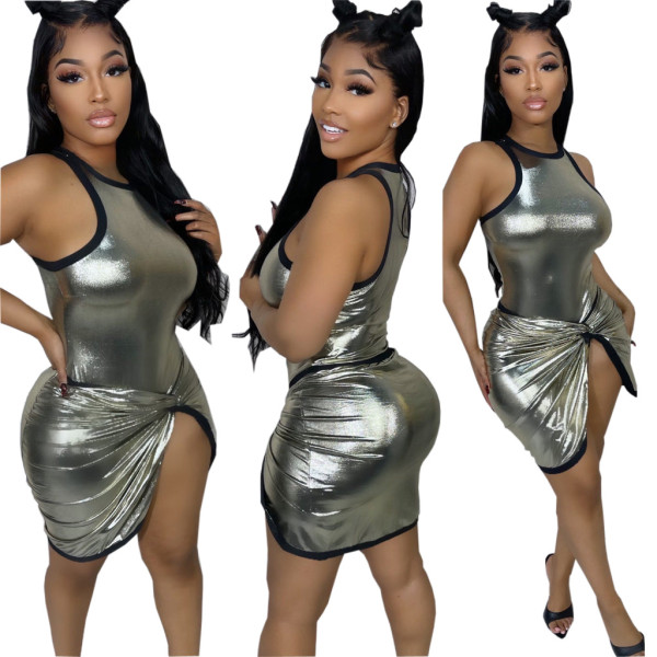 Sleeveless sexy bright color bodysuit short skirt two-piece set