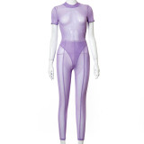 Solid color patchwork short-sleeved jumpsuit, perspective slim pants, mesh suit