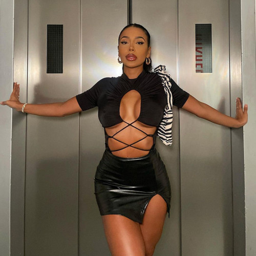 Sexy solid color strapping short sleeve long rope jumpsuit