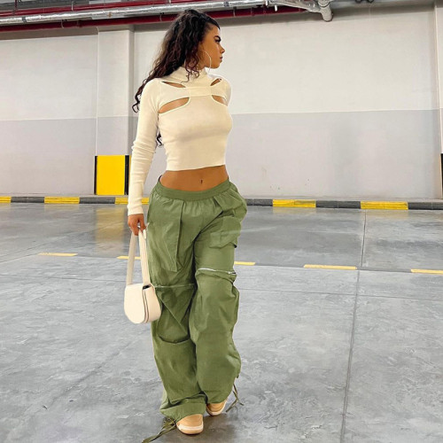 Solid color loose straight tube high waist panel multi-pocket zipper heavy street woven work pants